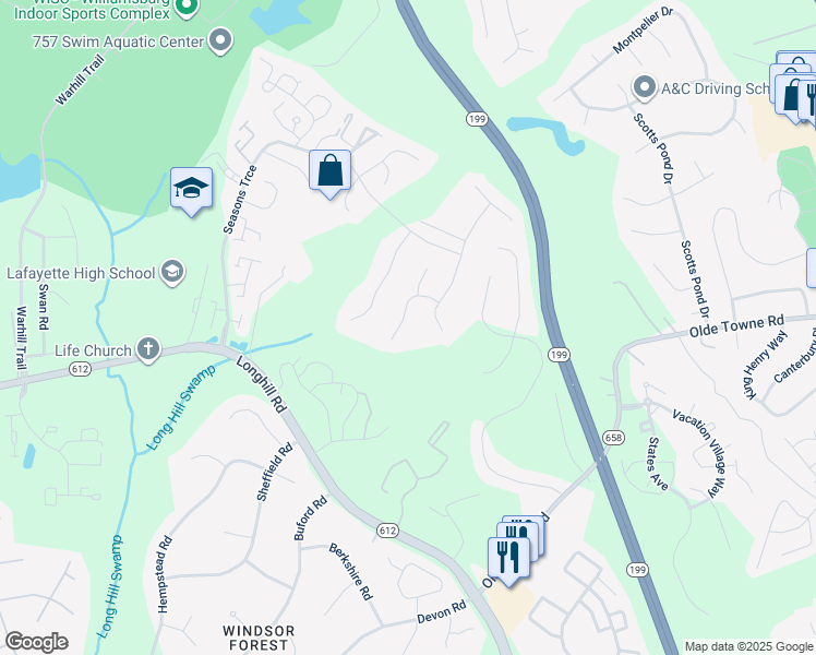 map of restaurants, bars, coffee shops, grocery stores, and more near 129 Pintail Trace in Williamsburg