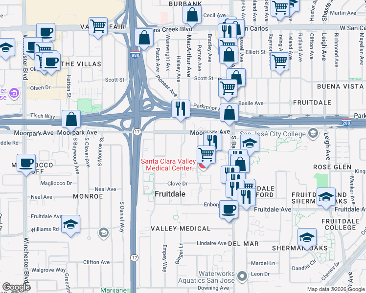 map of restaurants, bars, coffee shops, grocery stores, and more near 2 Ginger Lane in San Jose