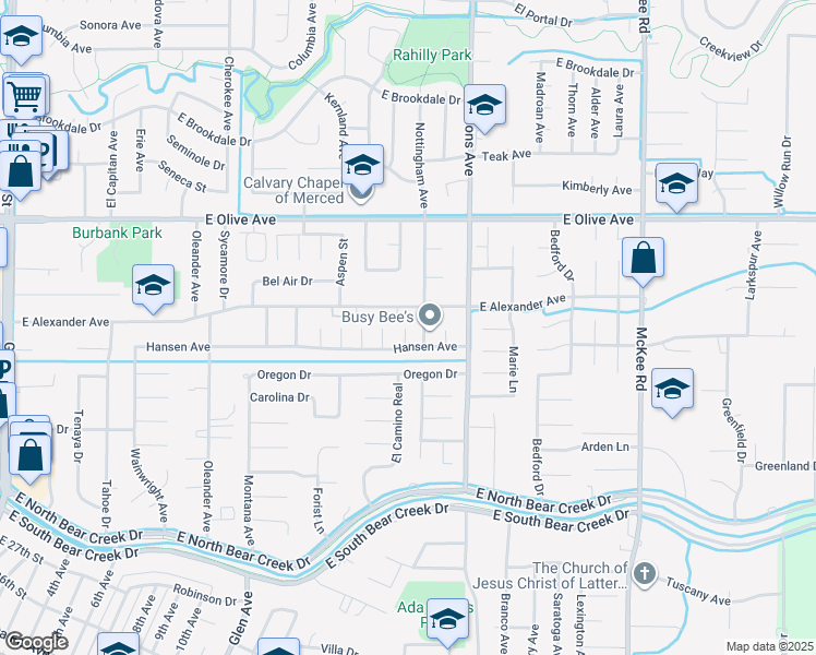 map of restaurants, bars, coffee shops, grocery stores, and more near 1485 Hansen Avenue in Merced