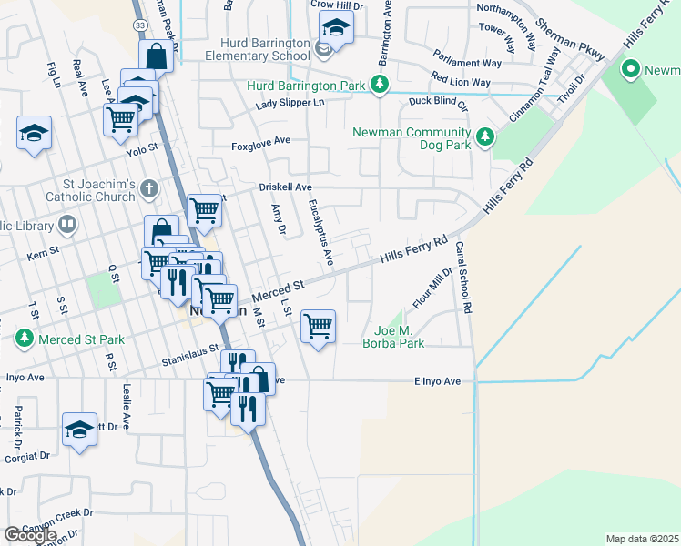 map of restaurants, bars, coffee shops, grocery stores, and more near 1425 Eucalyptus Avenue in Newman