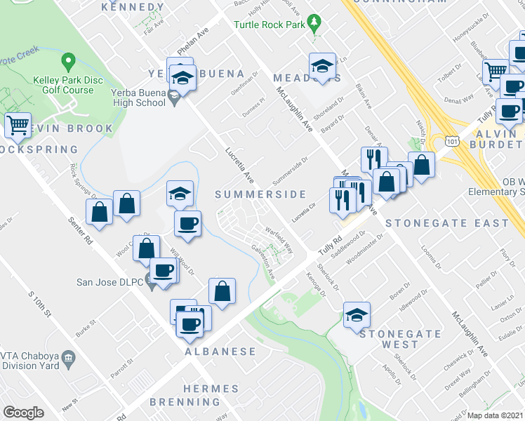 map of restaurants, bars, coffee shops, grocery stores, and more near 946 Summerside Drive in San Jose