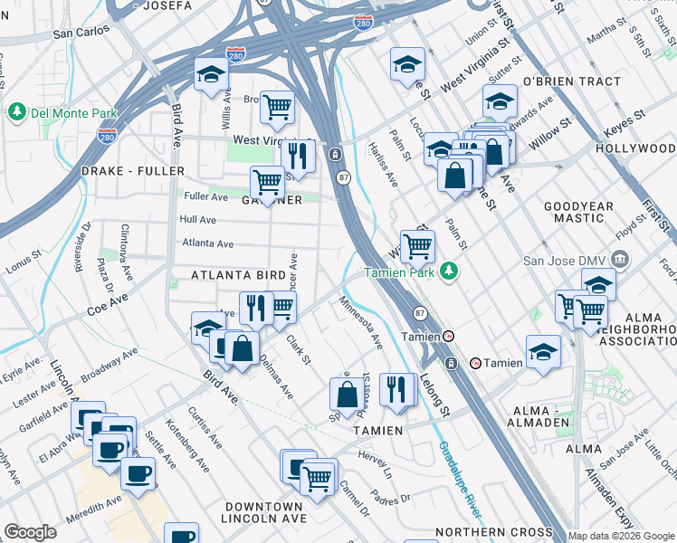 map of restaurants, bars, coffee shops, grocery stores, and more near 970-998 Mills Court in San Jose