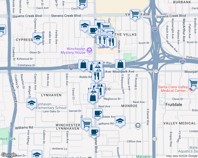 map of restaurants, bars, coffee shops, grocery stores, and more near in San Jose