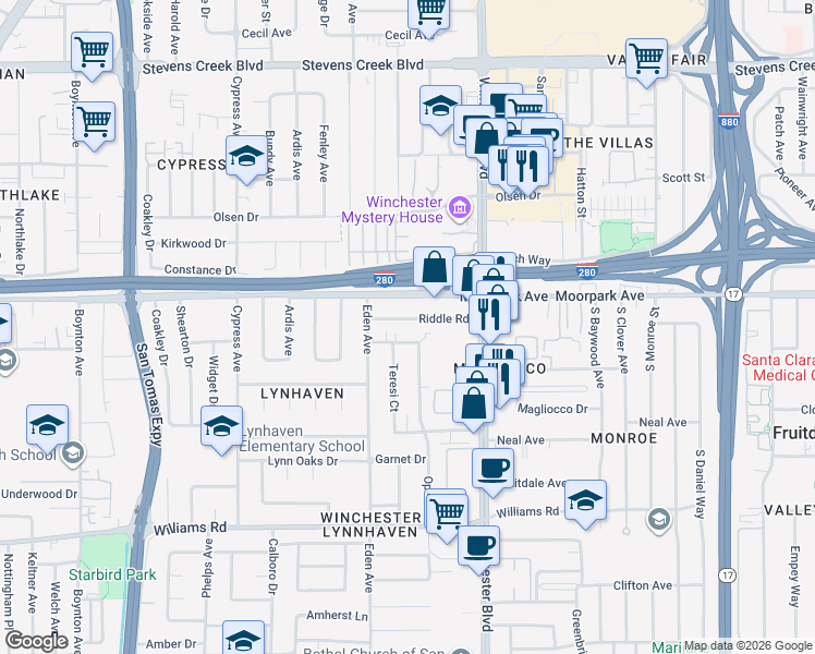 map of restaurants, bars, coffee shops, grocery stores, and more near 3201 Riddle Road in San Jose