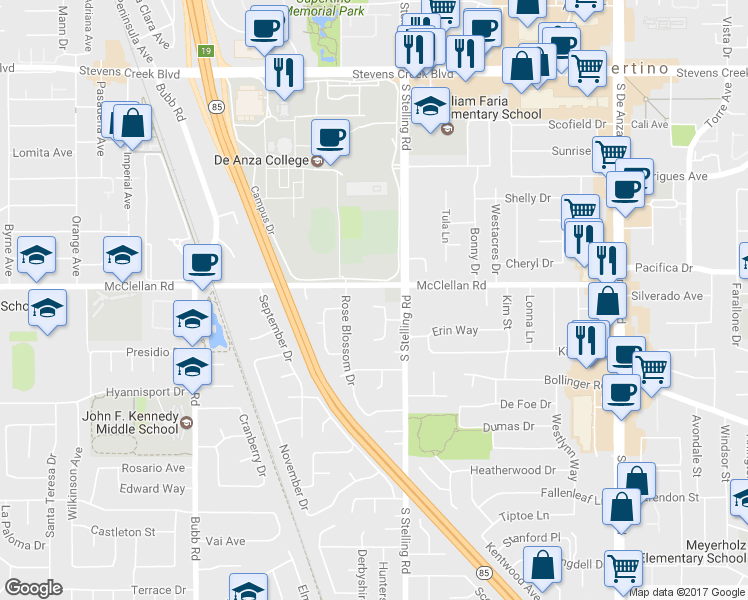 map of restaurants, bars, coffee shops, grocery stores, and more near 21089 Red Fir Court in Cupertino
