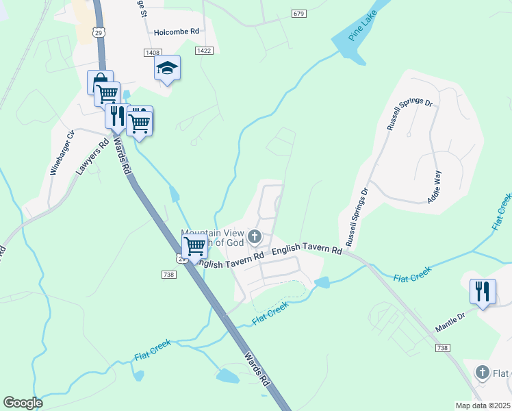 map of restaurants, bars, coffee shops, grocery stores, and more near 90 Old Tavern Circle in Lynchburg