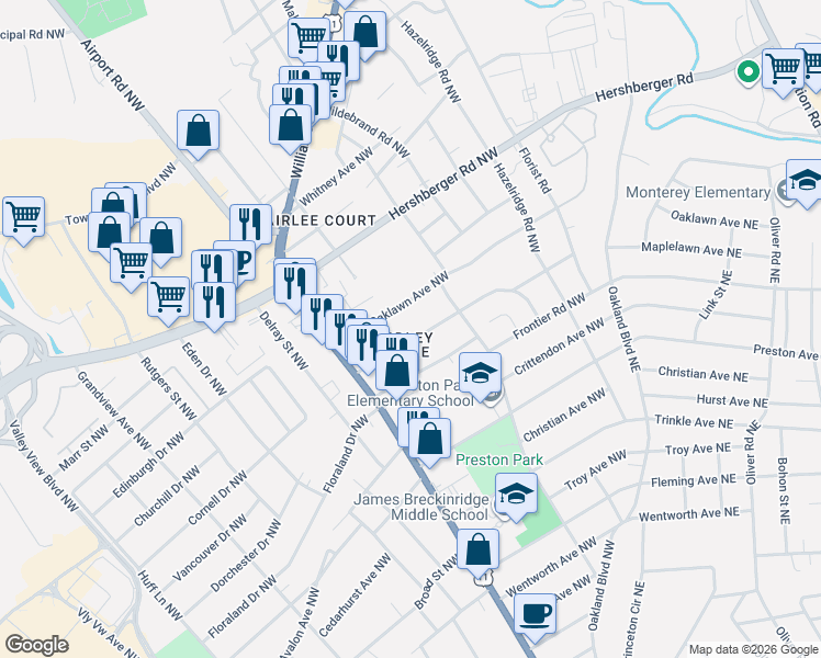 map of restaurants, bars, coffee shops, grocery stores, and more near 3209 Oaklawn Avenue Northwest in Roanoke