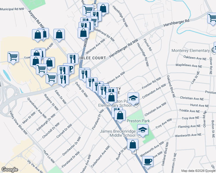 map of restaurants, bars, coffee shops, grocery stores, and more near 3118 Oaklawn Avenue Northwest in Roanoke