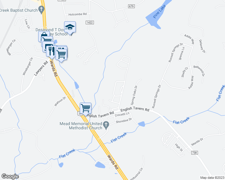 map of restaurants, bars, coffee shops, grocery stores, and more near 90 Old Tavern Circle in Lynchburg