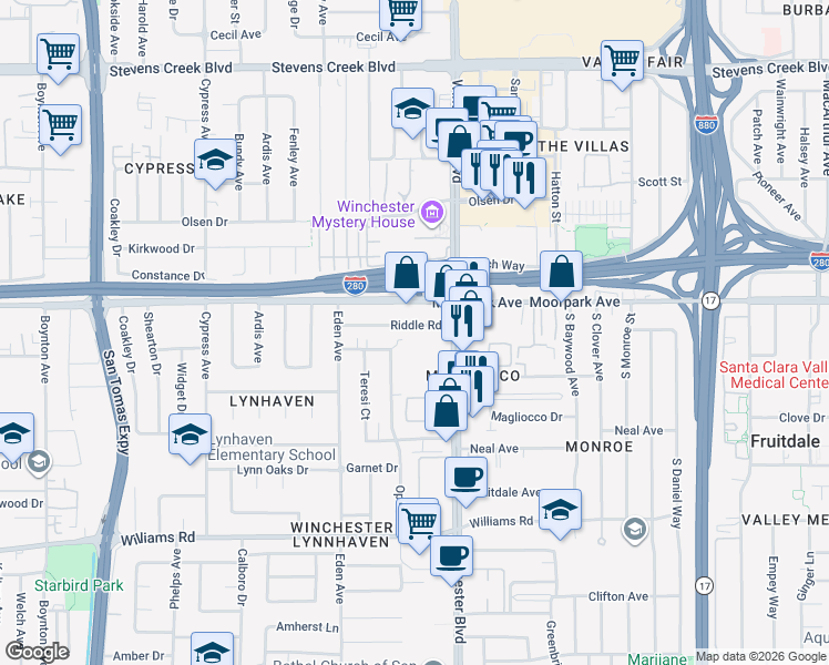 map of restaurants, bars, coffee shops, grocery stores, and more near 3150 Riddle Road in San Jose