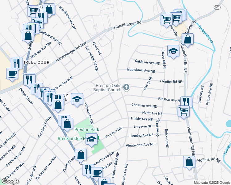 map of restaurants, bars, coffee shops, grocery stores, and more near 3417 Crittendon Avenue Northwest in Roanoke