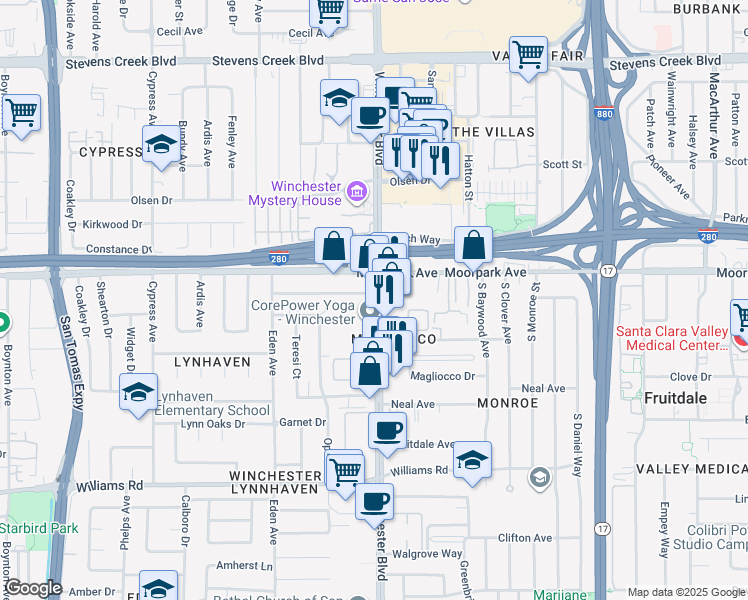 map of restaurants, bars, coffee shops, grocery stores, and more near in San Jose