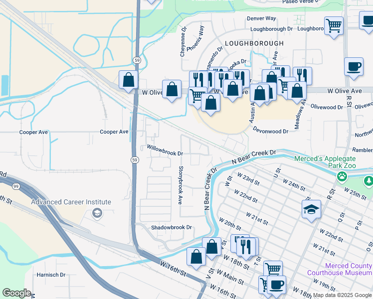 map of restaurants, bars, coffee shops, grocery stores, and more near 2825 La Palma Avenue in Merced