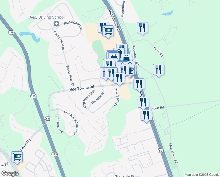 map of restaurants, bars, coffee shops, grocery stores, and more near 9 Digges Court in Williamsburg