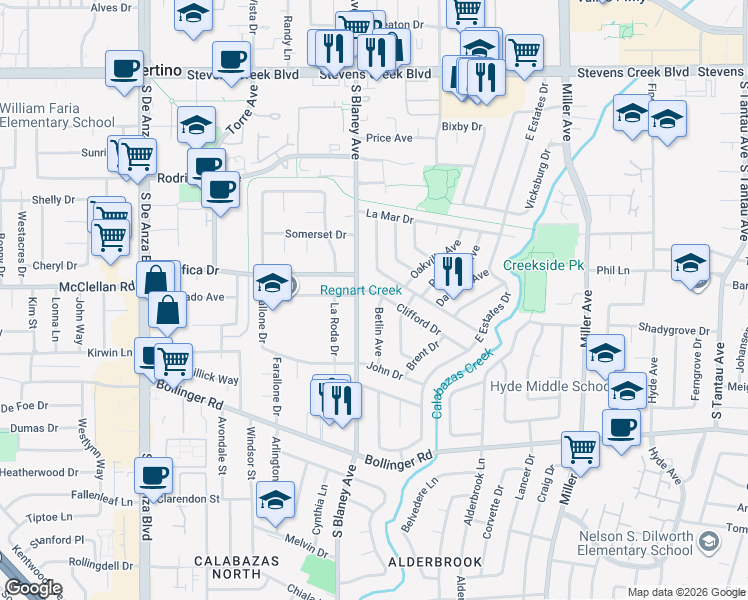 map of restaurants, bars, coffee shops, grocery stores, and more near 6751 Clifford Drive in Cupertino