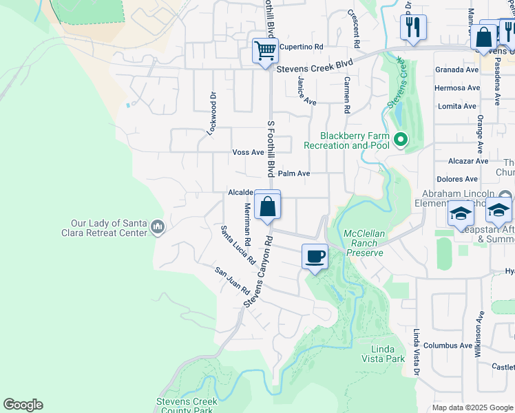map of restaurants, bars, coffee shops, grocery stores, and more near 10546 Merriman Road in Cupertino
