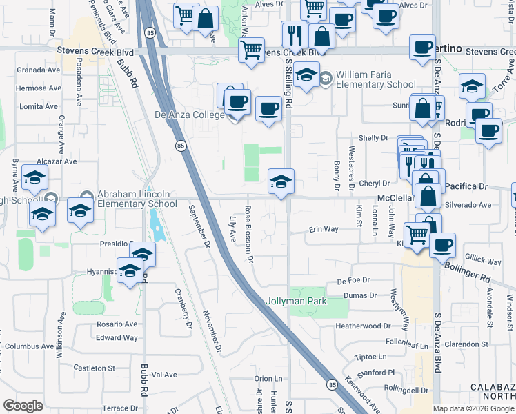 map of restaurants, bars, coffee shops, grocery stores, and more near 21089 Red Fir Court in Cupertino