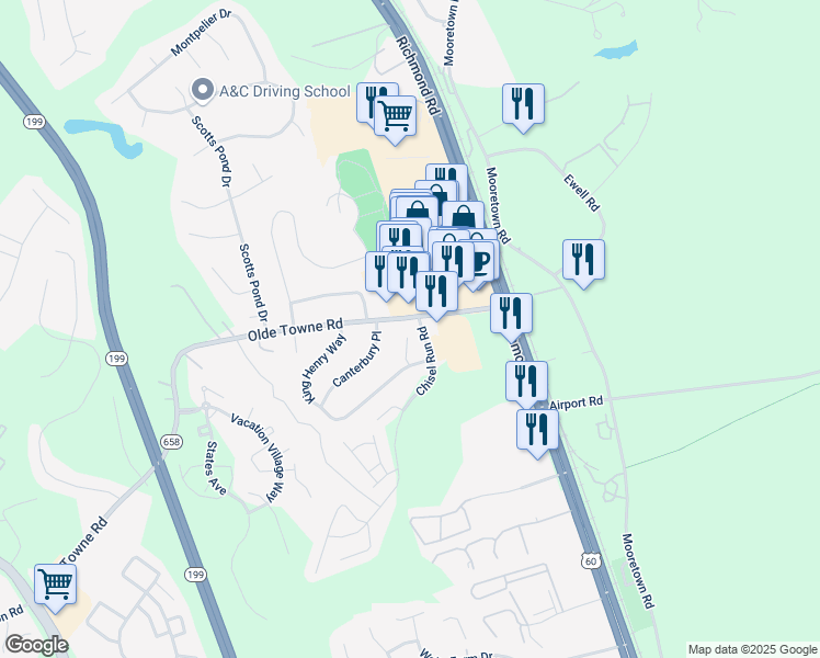 map of restaurants, bars, coffee shops, grocery stores, and more near 8 Digges Court in Williamsburg