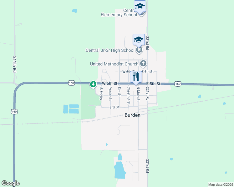 map of restaurants, bars, coffee shops, grocery stores, and more near 407 Elm Street in Burden