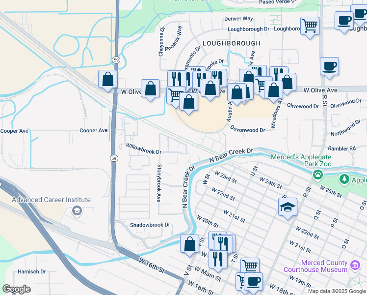 map of restaurants, bars, coffee shops, grocery stores, and more near 2879 Marietta Avenue in Merced