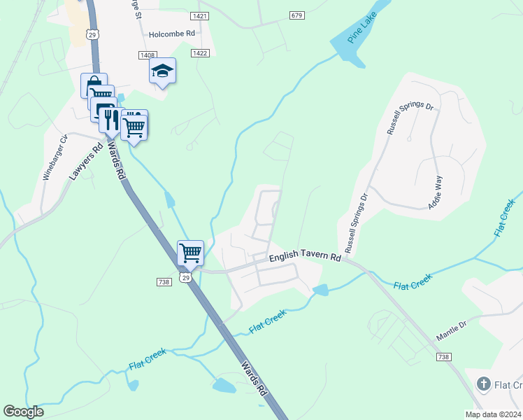 map of restaurants, bars, coffee shops, grocery stores, and more near 91 Old Tavern Circle in Lynchburg