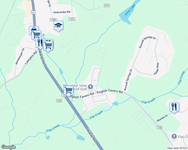 map of restaurants, bars, coffee shops, grocery stores, and more near 36 Lawton Circle in Lynchburg