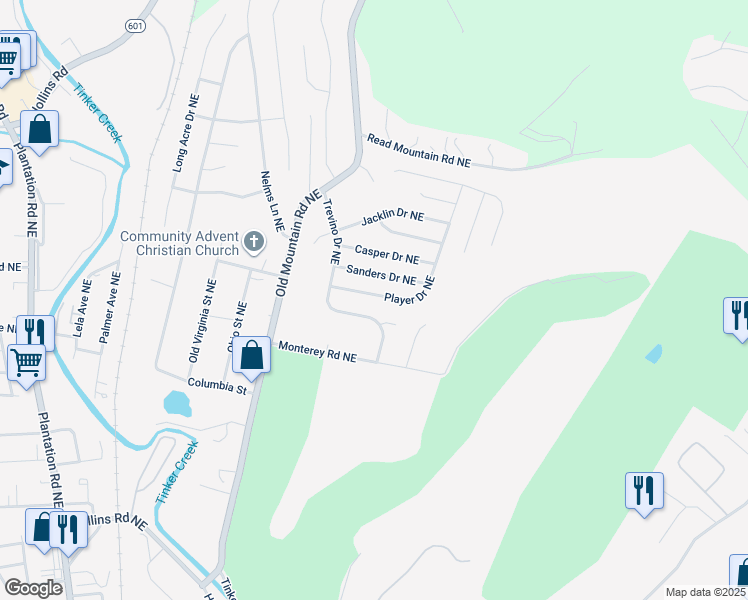 map of restaurants, bars, coffee shops, grocery stores, and more near 4645 Player Drive Northeast in Roanoke