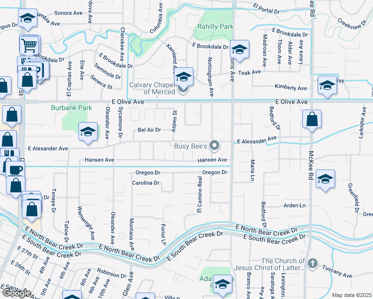 map of restaurants, bars, coffee shops, grocery stores, and more near 2992 Birmingham Court in Merced