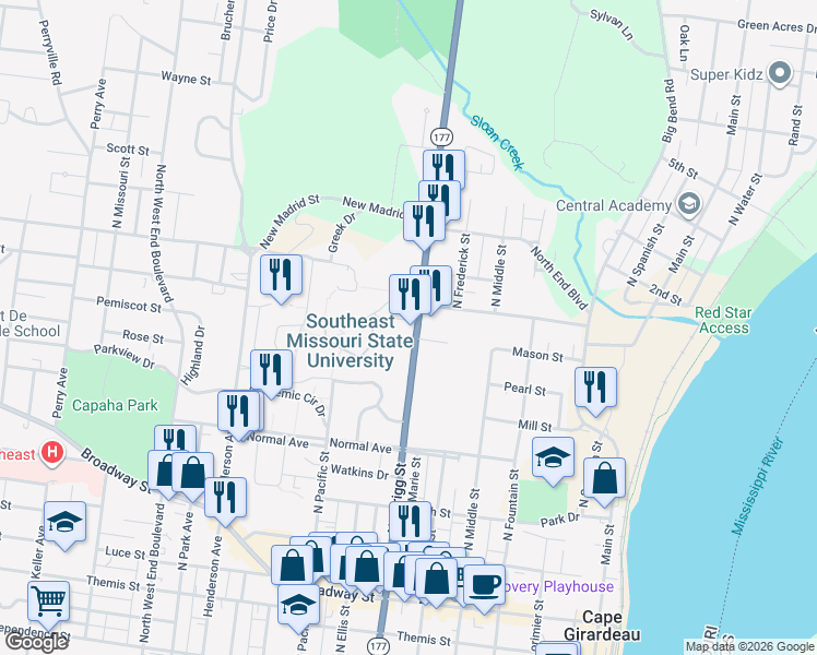 map of restaurants, bars, coffee shops, grocery stores, and more near 803 North Sprigg Street in Cape Girardeau