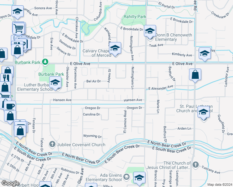 map of restaurants, bars, coffee shops, grocery stores, and more near 2992 Birmingham Court in Merced