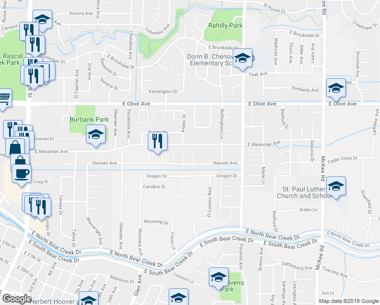map of restaurants, bars, coffee shops, grocery stores, and more near 2993 Birmingham Court in Merced