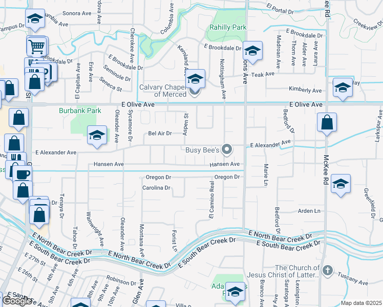 map of restaurants, bars, coffee shops, grocery stores, and more near 2993 Birmingham Court in Merced