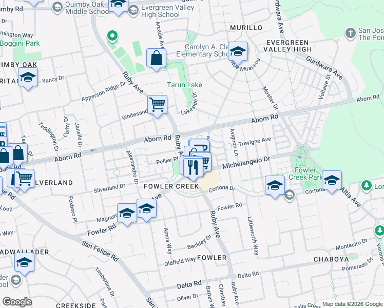 map of restaurants, bars, coffee shops, grocery stores, and more near 3100 Ruby Avenue in San Jose