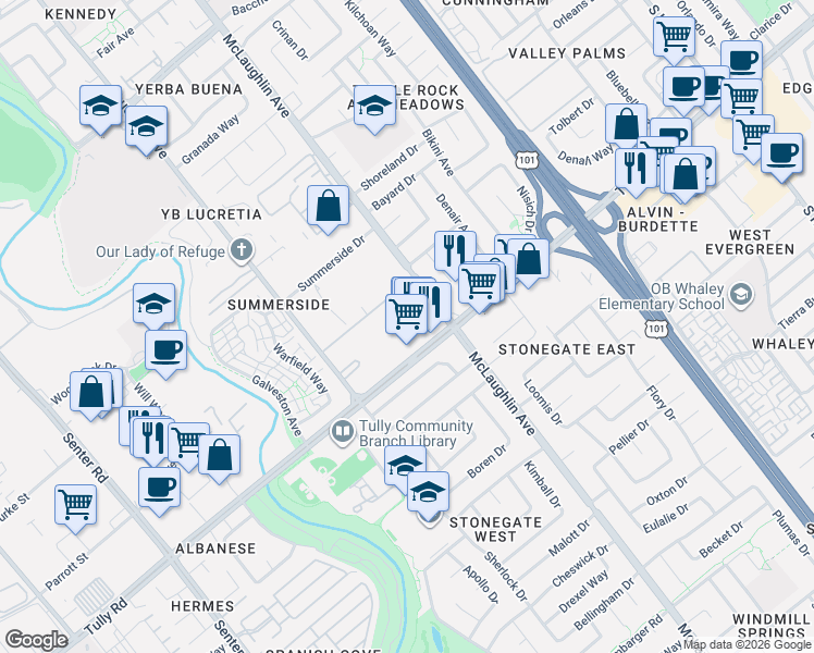 map of restaurants, bars, coffee shops, grocery stores, and more near 53 Balme Drive in San Jose