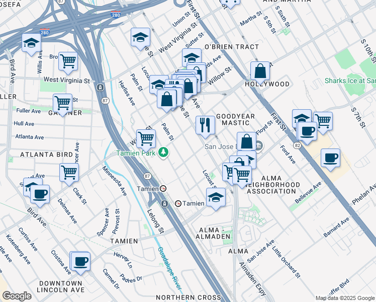 map of restaurants, bars, coffee shops, grocery stores, and more near 1165 Locust Street in San Jose