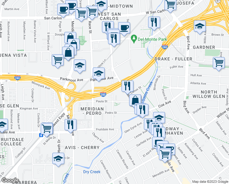 map of restaurants, bars, coffee shops, grocery stores, and more near 732 Northrup Street in San Jose