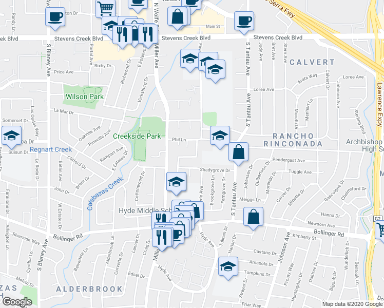 map of restaurants, bars, coffee shops, grocery stores, and more near 10538 Phil Place in Cupertino