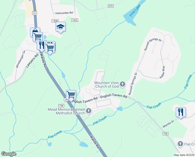 map of restaurants, bars, coffee shops, grocery stores, and more near 36 Lawton Circle in Lynchburg