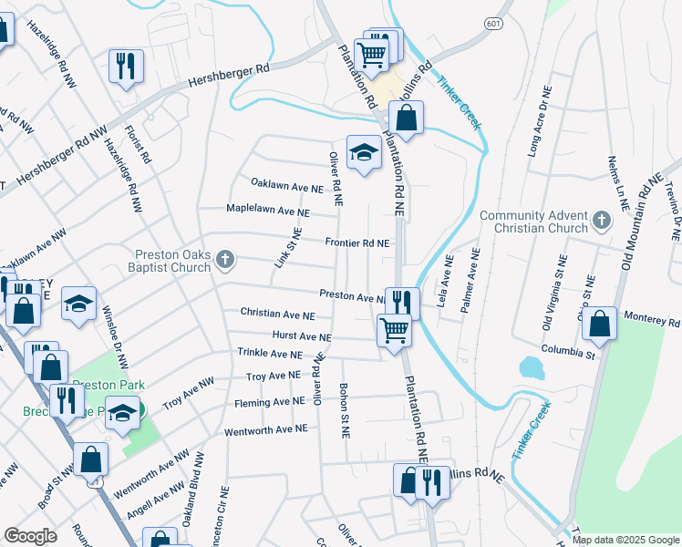 map of restaurants, bars, coffee shops, grocery stores, and more near 4319 Oliver Road Northeast in Roanoke