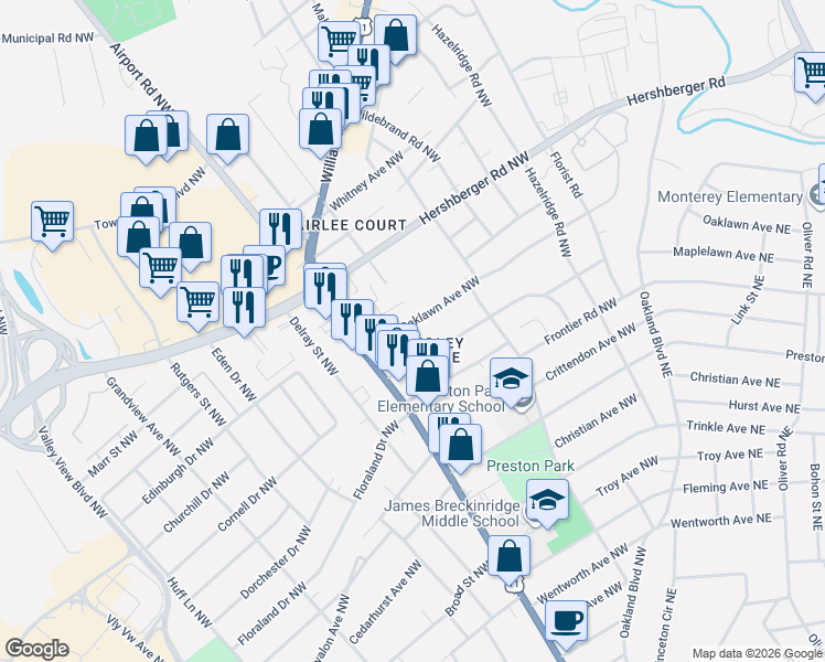map of restaurants, bars, coffee shops, grocery stores, and more near 3118 Oaklawn Avenue Northwest in Roanoke