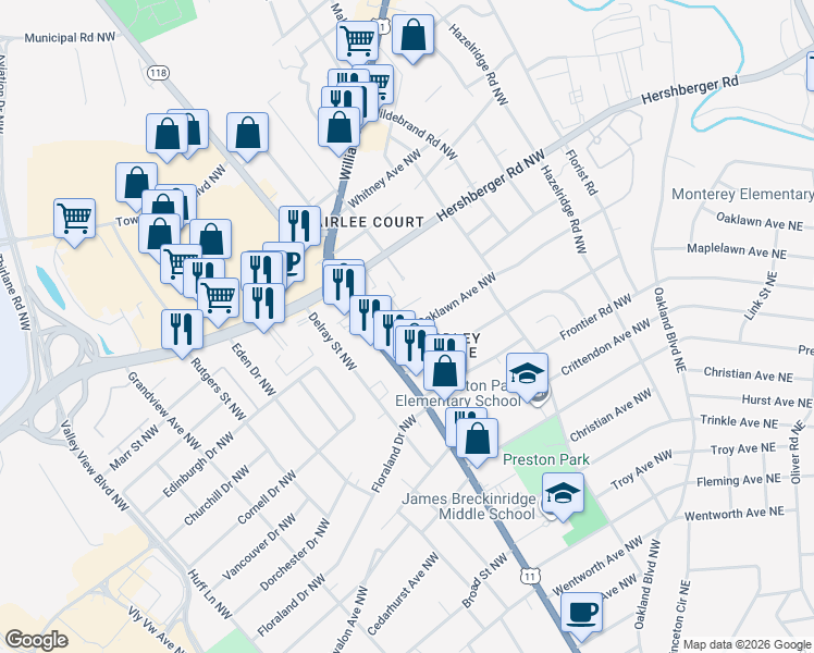 map of restaurants, bars, coffee shops, grocery stores, and more near 3023 Birchlawn Avenue Northwest in Roanoke