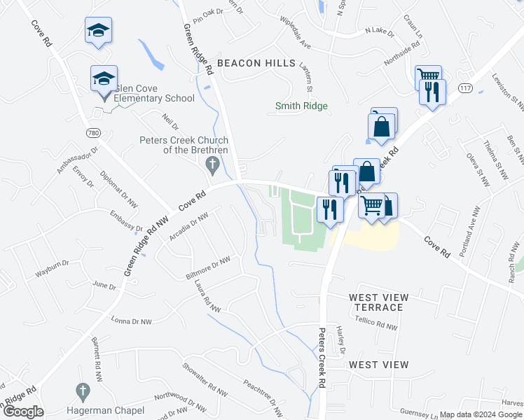 map of restaurants, bars, coffee shops, grocery stores, and more near 5204 Lancelot Lane Northwest in Roanoke