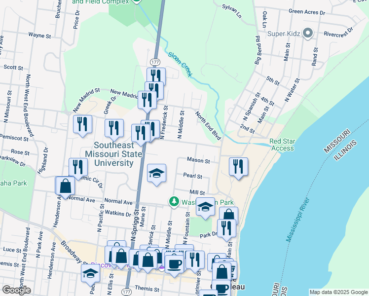 map of restaurants, bars, coffee shops, grocery stores, and more near 929 North Fountain Street in Cape Girardeau