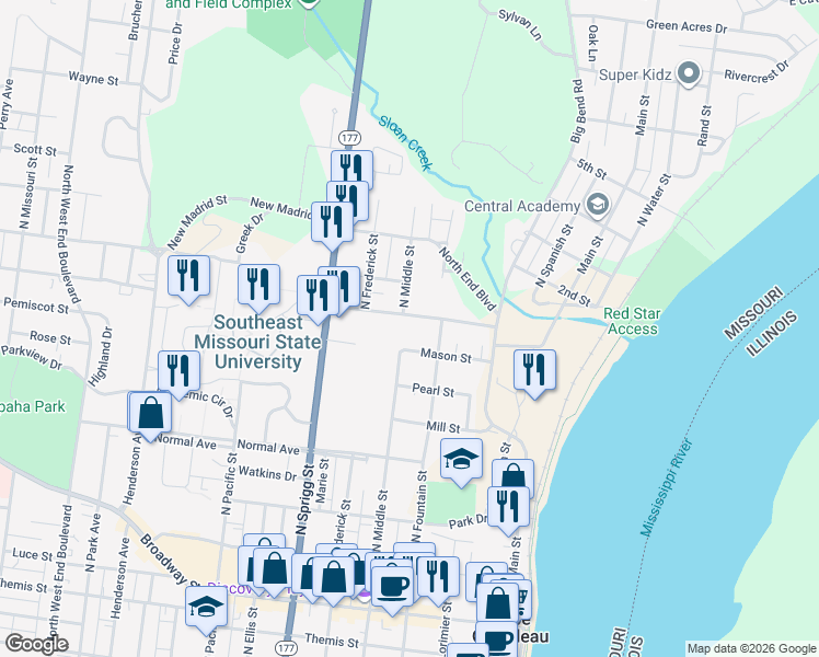 map of restaurants, bars, coffee shops, grocery stores, and more near 431 Olive Street in Cape Girardeau