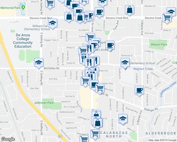 map of restaurants, bars, coffee shops, grocery stores, and more near 10525 South De Anza Boulevard in Cupertino