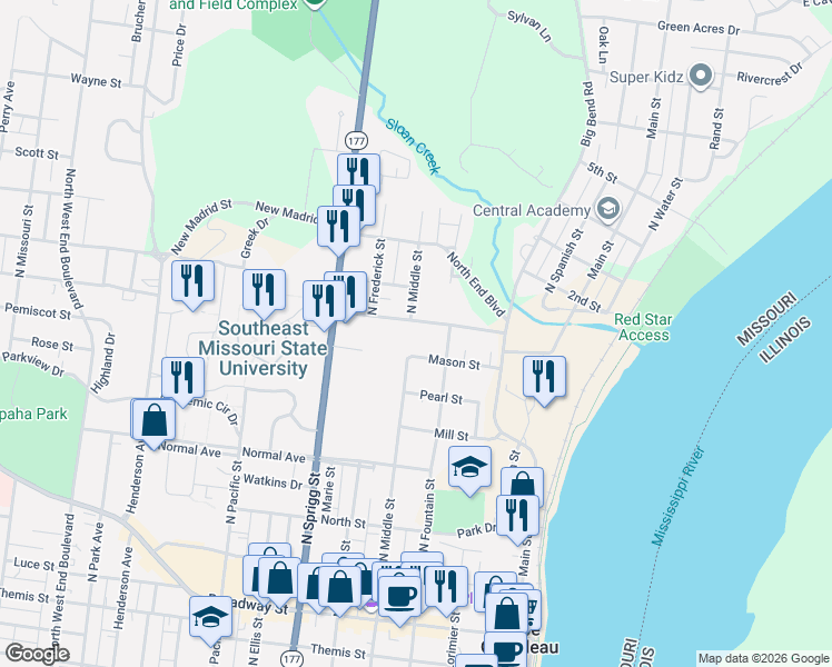 map of restaurants, bars, coffee shops, grocery stores, and more near 431 Olive Street in Cape Girardeau