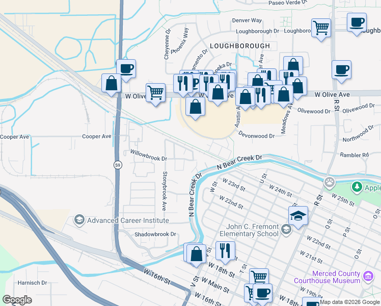 map of restaurants, bars, coffee shops, grocery stores, and more near 2879 Marietta Avenue in Merced