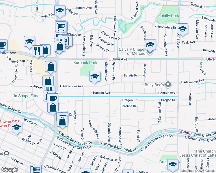 map of restaurants, bars, coffee shops, grocery stores, and more near 780 East Alexander Avenue in Merced