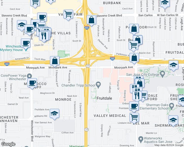 map of restaurants, bars, coffee shops, grocery stores, and more near 646 Teatree Court in San Jose