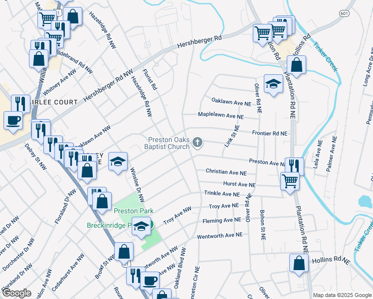 map of restaurants, bars, coffee shops, grocery stores, and more near 3429 Crittendon Avenue Northwest in Roanoke